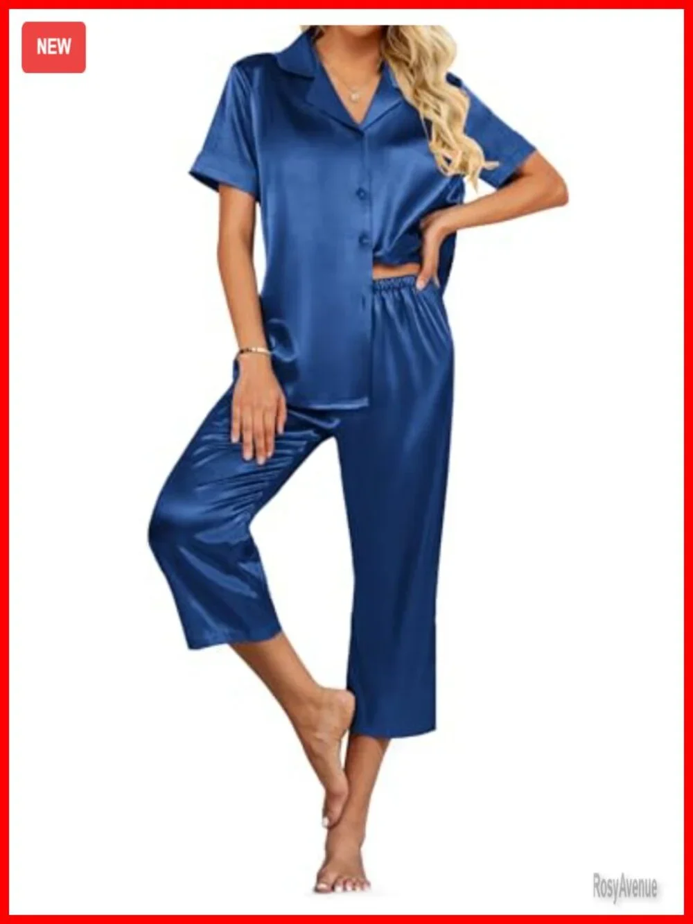 Satin Silky Capri Pajamas Short Sleeve Button Down Sleepwear Set